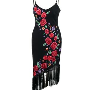Cache Black Asymmetrical Cocktail Dress with Red Embellishments